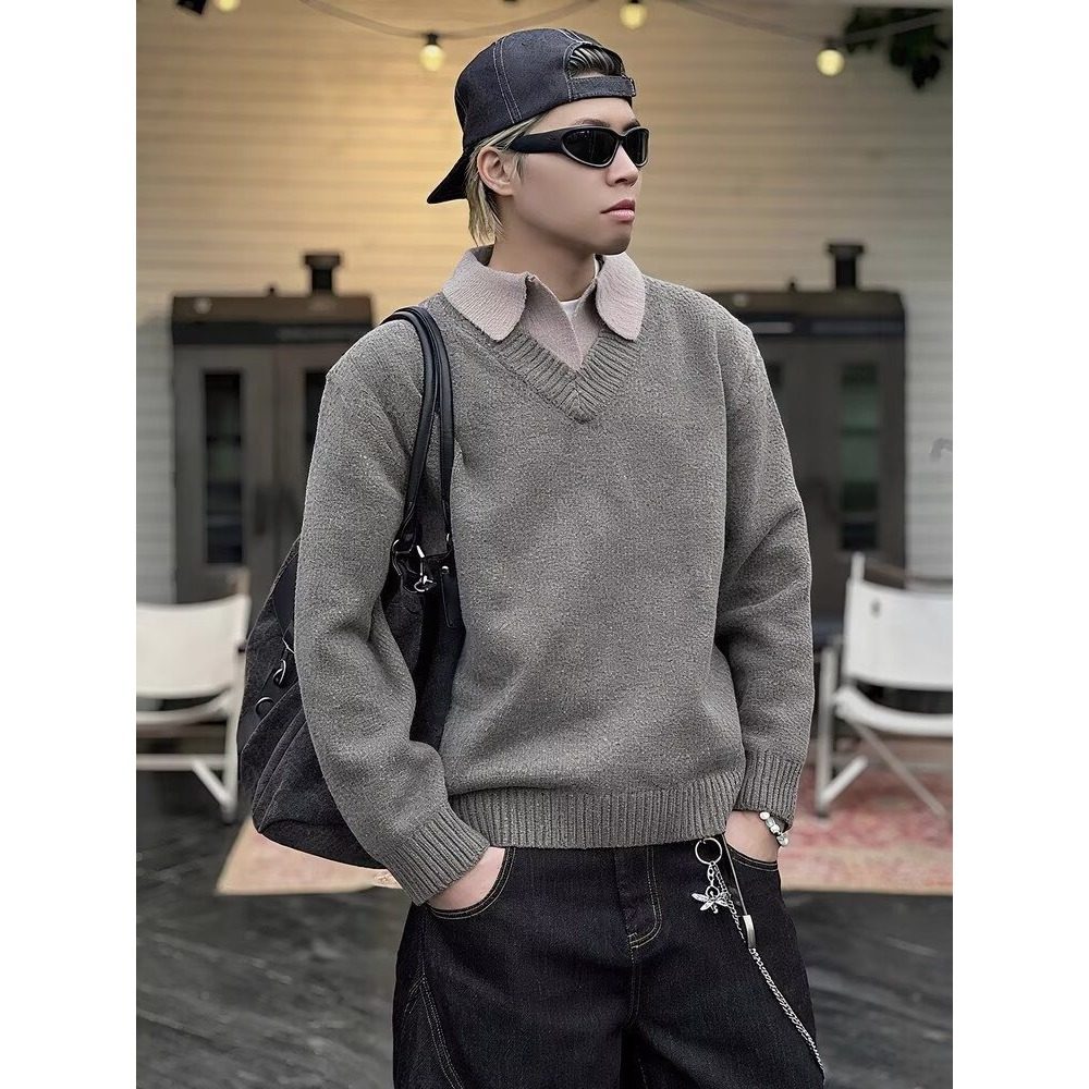 假两件翻领毛衣男女冬装新款内搭慵懒风北极绒外套纯色针织衫上衣