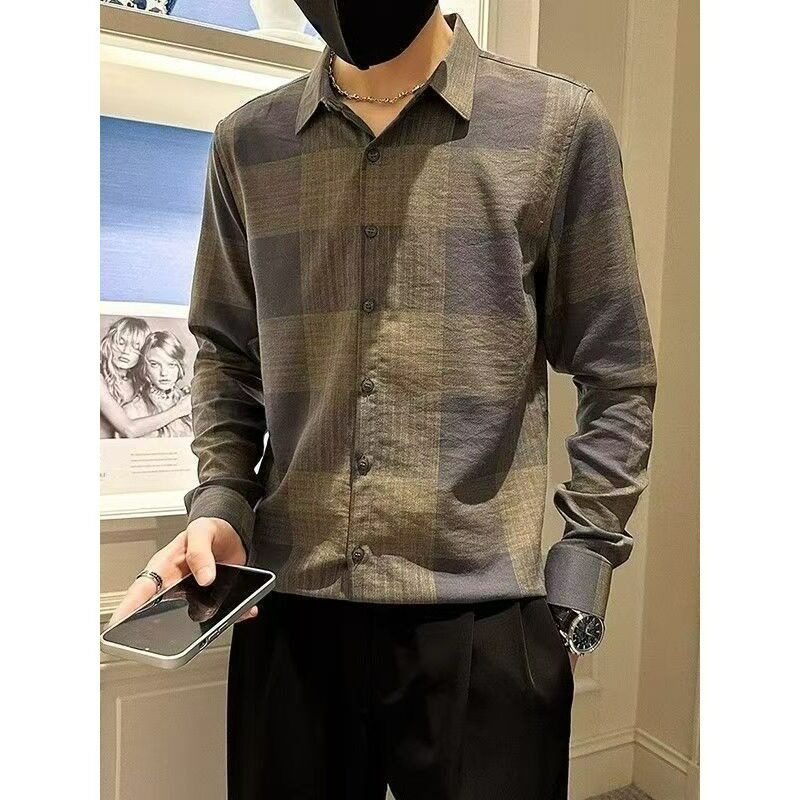 春秋格子衬衫男士长袖痞帅高级感男装2026年新款秋装上衣衬衣男款