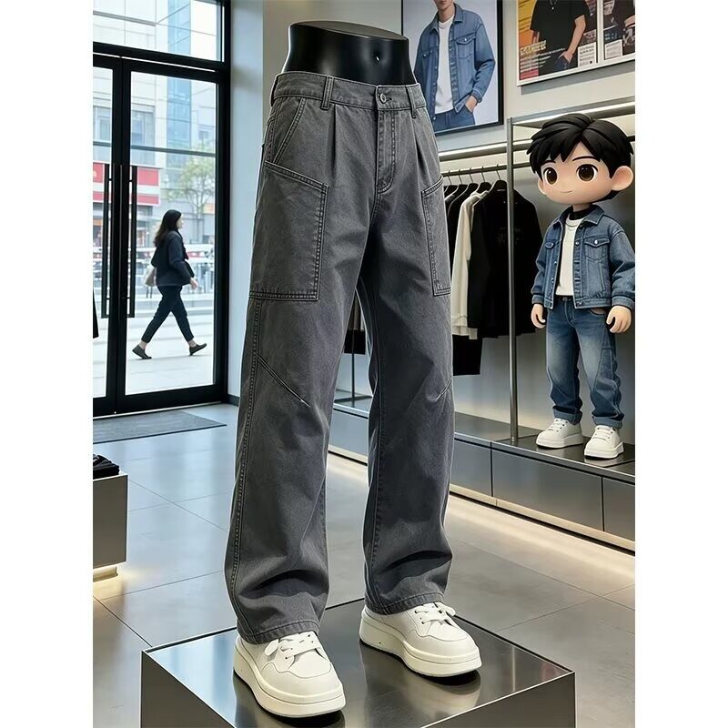 韩国宽松工装牛仔裤男女春季直筒美式复古水洗蒋劲夫同款裤子潮