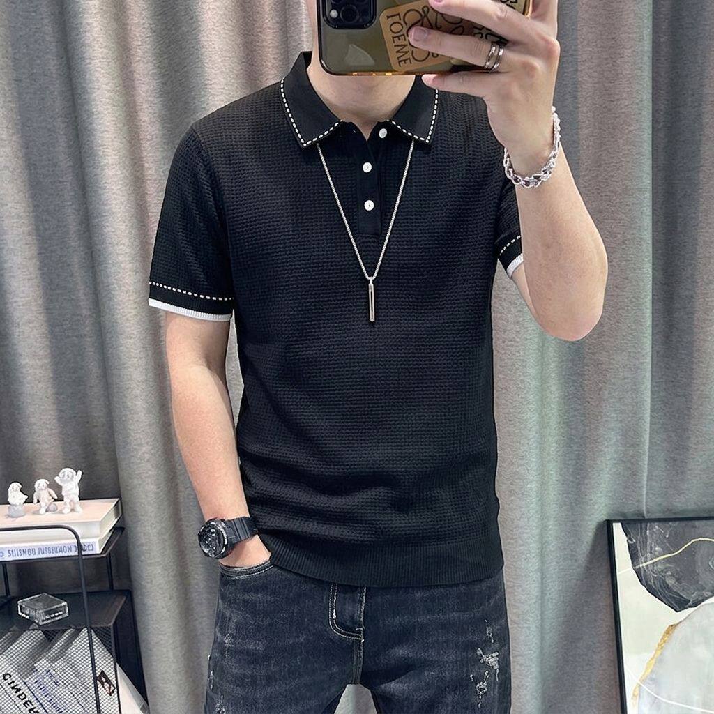 2026新款男款polo衫夏季重磅黑华夫格男士翻领大码t恤男