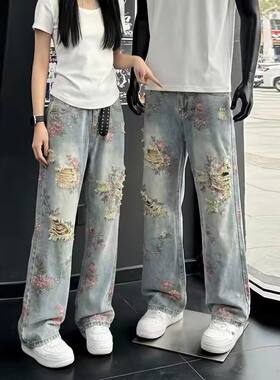 高街牡丹花设计破洞ins牛仔裤男款高街裤子大码胖子cleanfit长裤