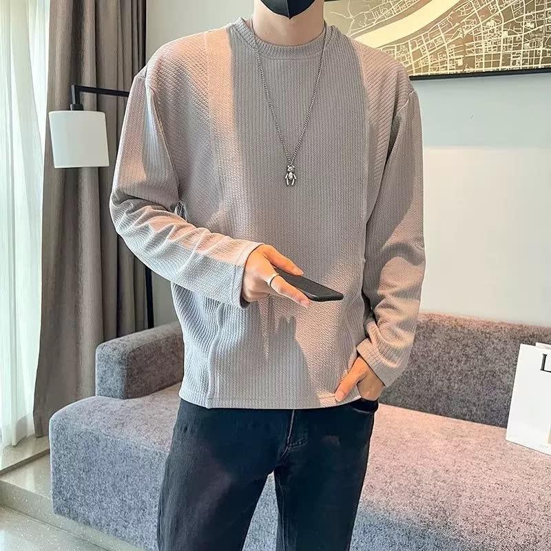 港风重磅圆领长袖T恤男痞帅秋冬新款宽松简约纯色日系打底衫上衣