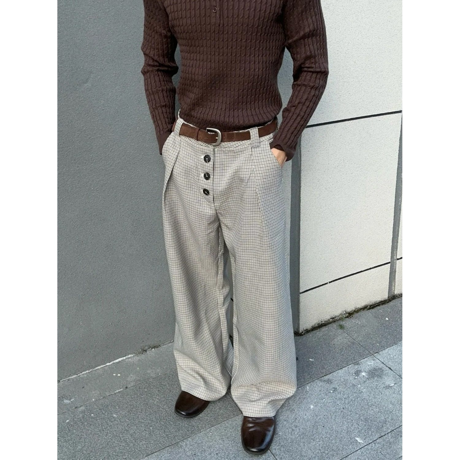 美式复古千鸟格西装裤男女款秋季潮牌宽松休闲百搭直筒阔腿长裤子