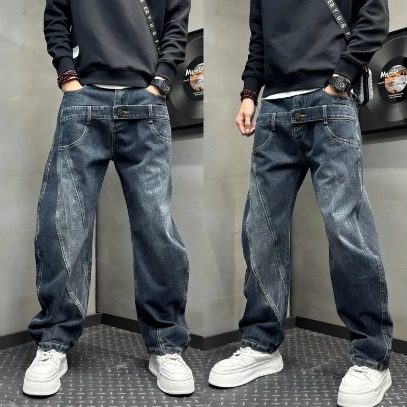 春秋款美式潮牌复古牛仔裤男士宽松直筒阔腿休闲裤子百搭弯刀长裤