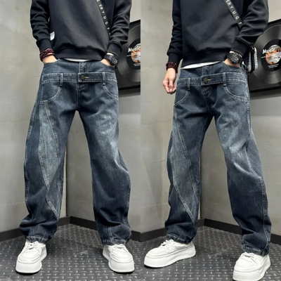春秋款美式潮牌复古牛仔裤男士宽松直筒阔腿休闲裤子百搭弯刀长裤