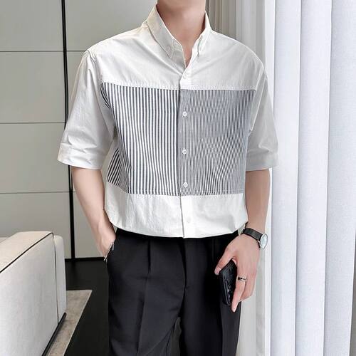 夏季冰丝凉感棉麻轻奢风亨利领短衬衫潮男条纹拼接免烫痞帅短衬衫