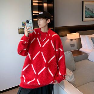 圣诞节红色毛衣情侣冬季加厚仿貂绒高级感vintage针织衫外套男士