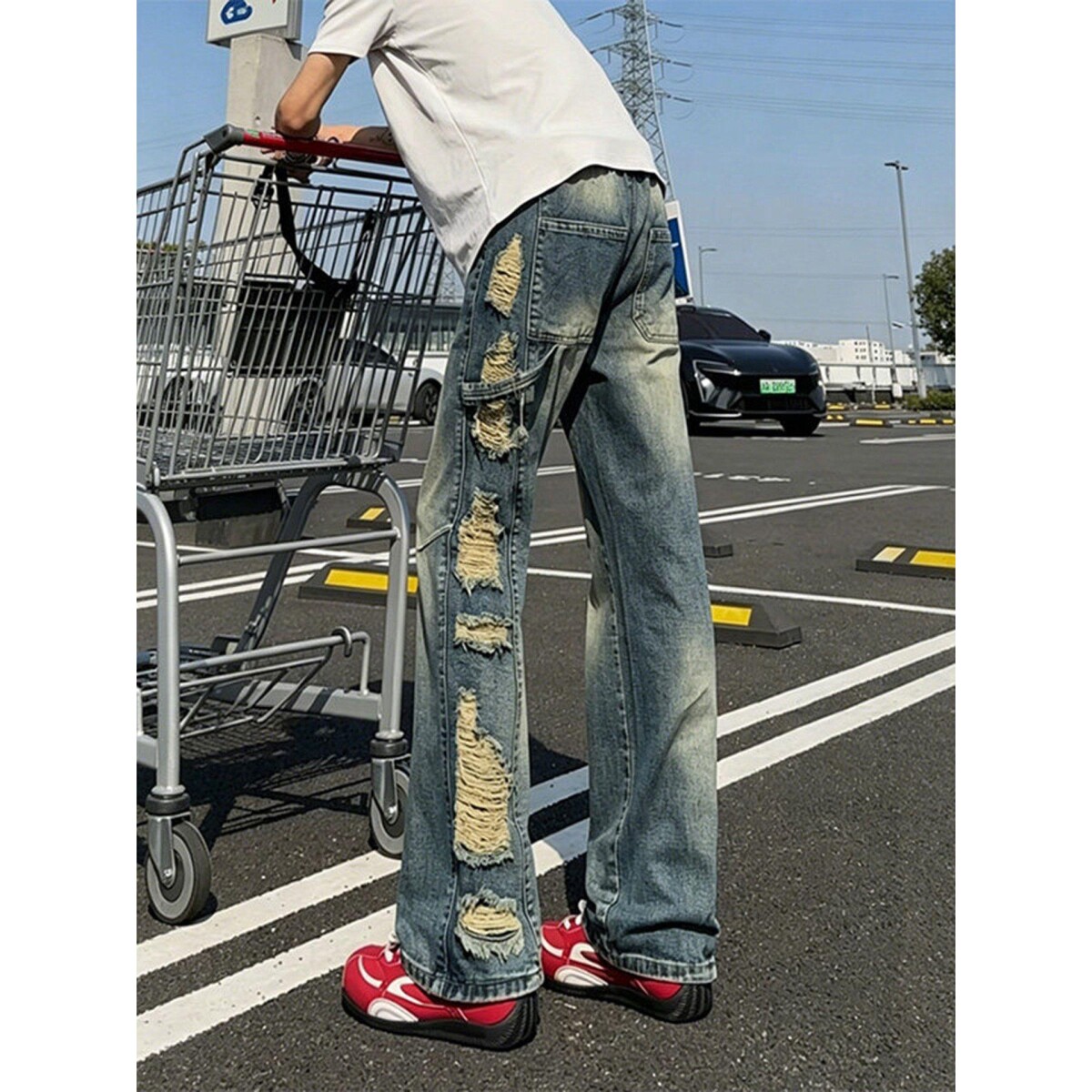 美式破洞毛边牛仔裤男款美式高街hiphop裤子设计感水洗弯刀工装裤