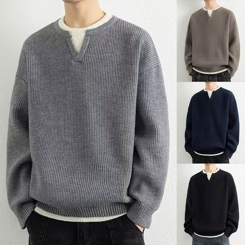 高级感痞帅毛衣男士假两件秋冬季新款潮牌休闲上衣宽松长袖针织衫