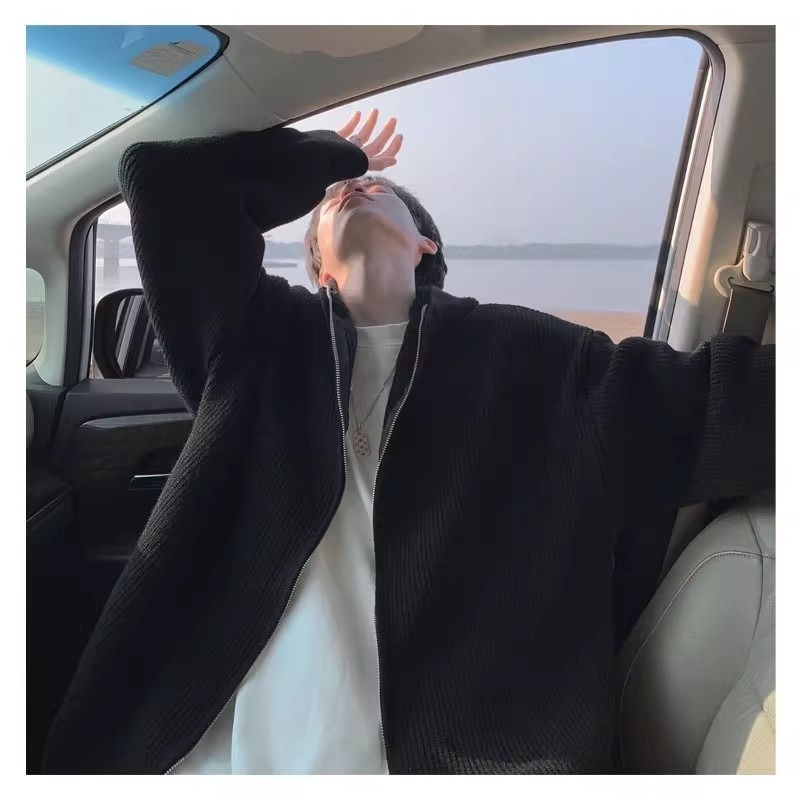 美式复古cleanfit连帽毛衣开衫外套男款秋冬季慵懒风拉链针织衫潮