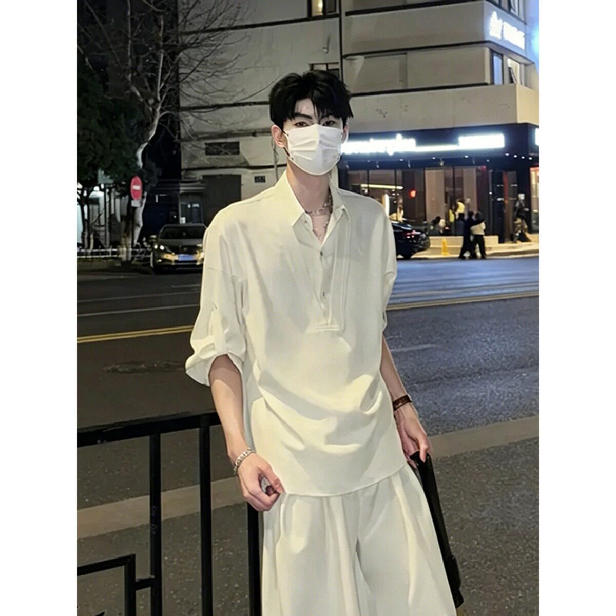 长袖款韩系假两件撞色polo领长袖衬衫男夏季薄款百搭宽松