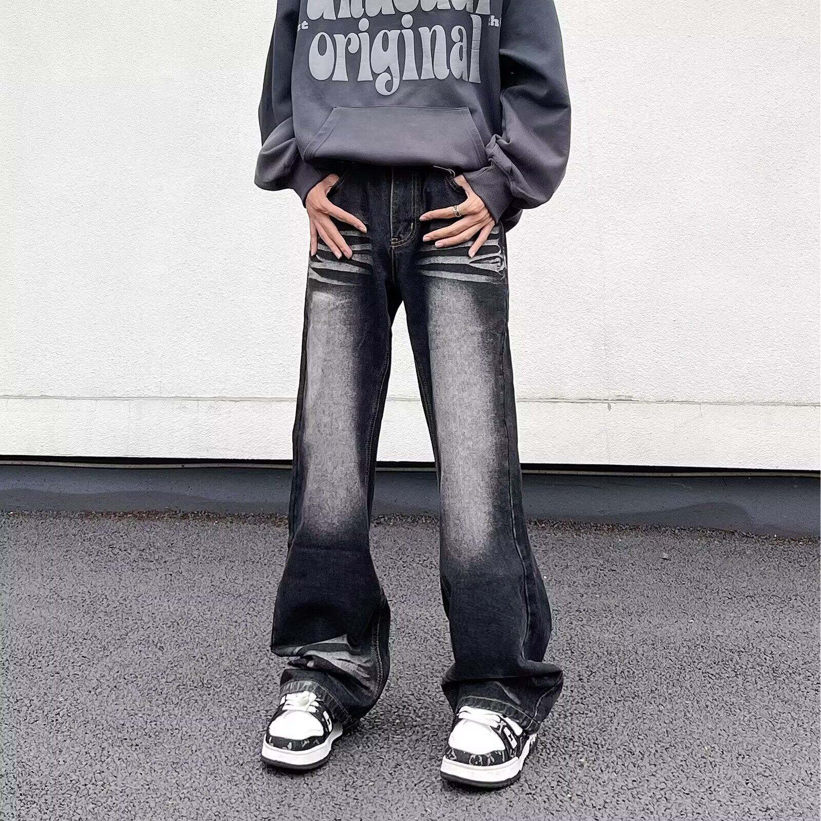 美式复古时髦感水洗黑灰色微喇叭裤男小众设计感休闲牛仔长裤子男
