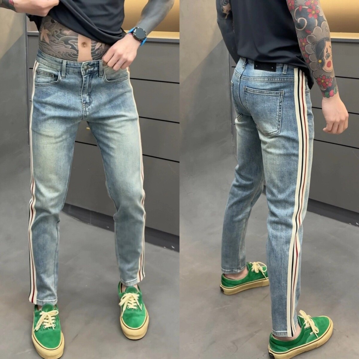 高端潮牌修身牛仔裤男士九分新款夏季锥形小脚休闲痞帅印花长裤子