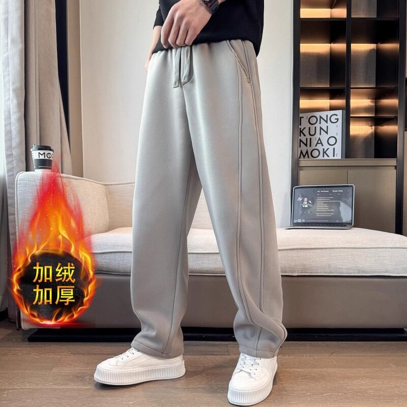 痞帅高级感加绒卫裤男士2026秋冬款宽松直筒裤子男潮牌加厚弯刀裤