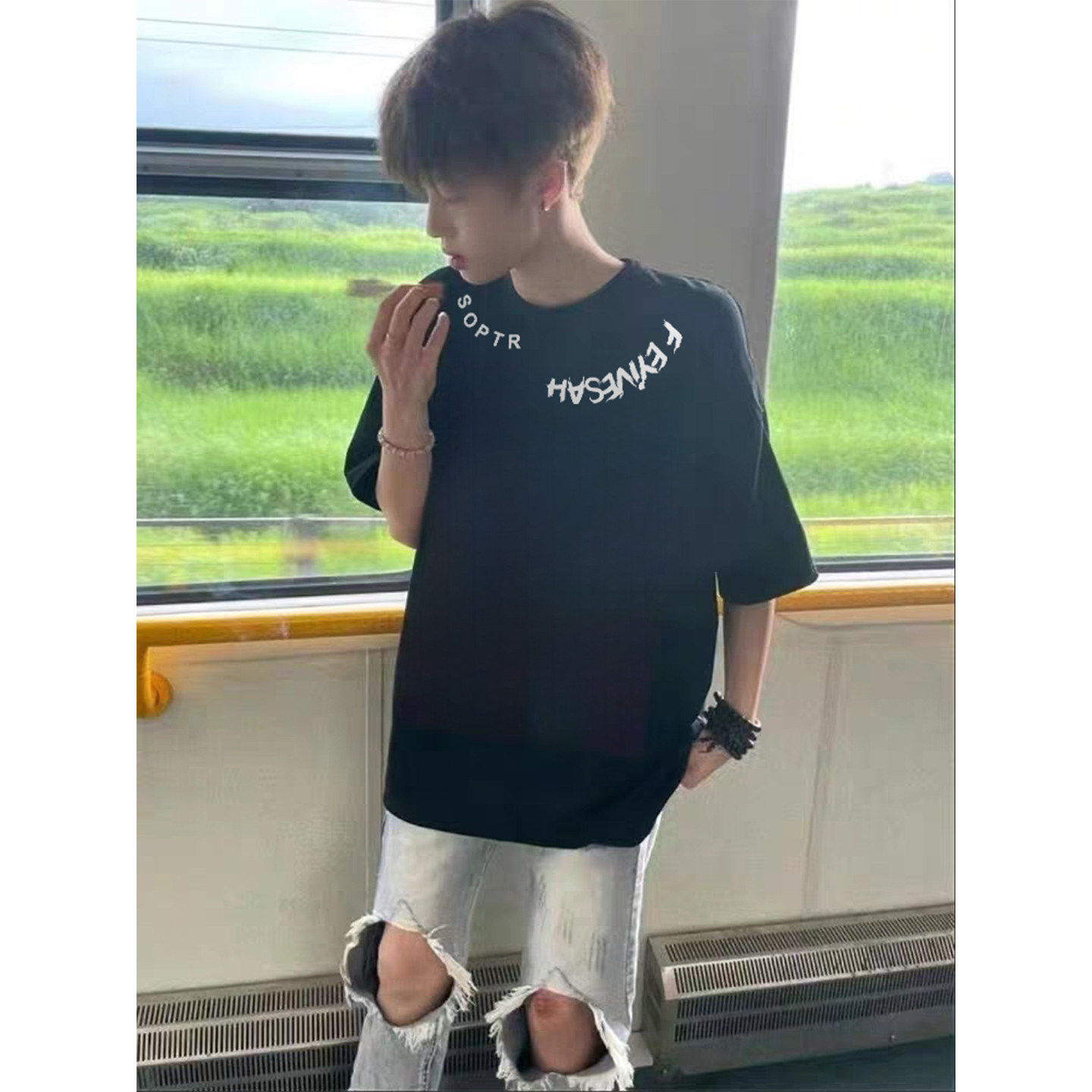 重磅美式高街短袖男士半袖国潮牌纯棉衣服青少年黑色正肩T恤上衣