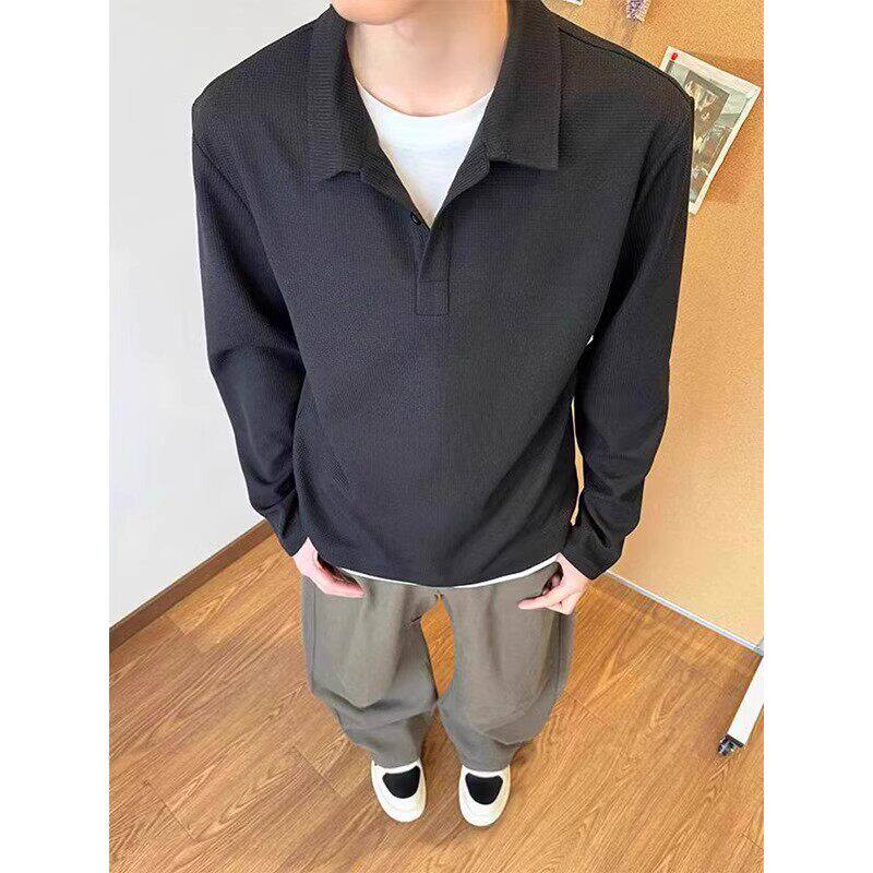 灰色华夫格假两件POLO衫男春季美式正肩长袖T恤痞帅重磅翻领卫衣