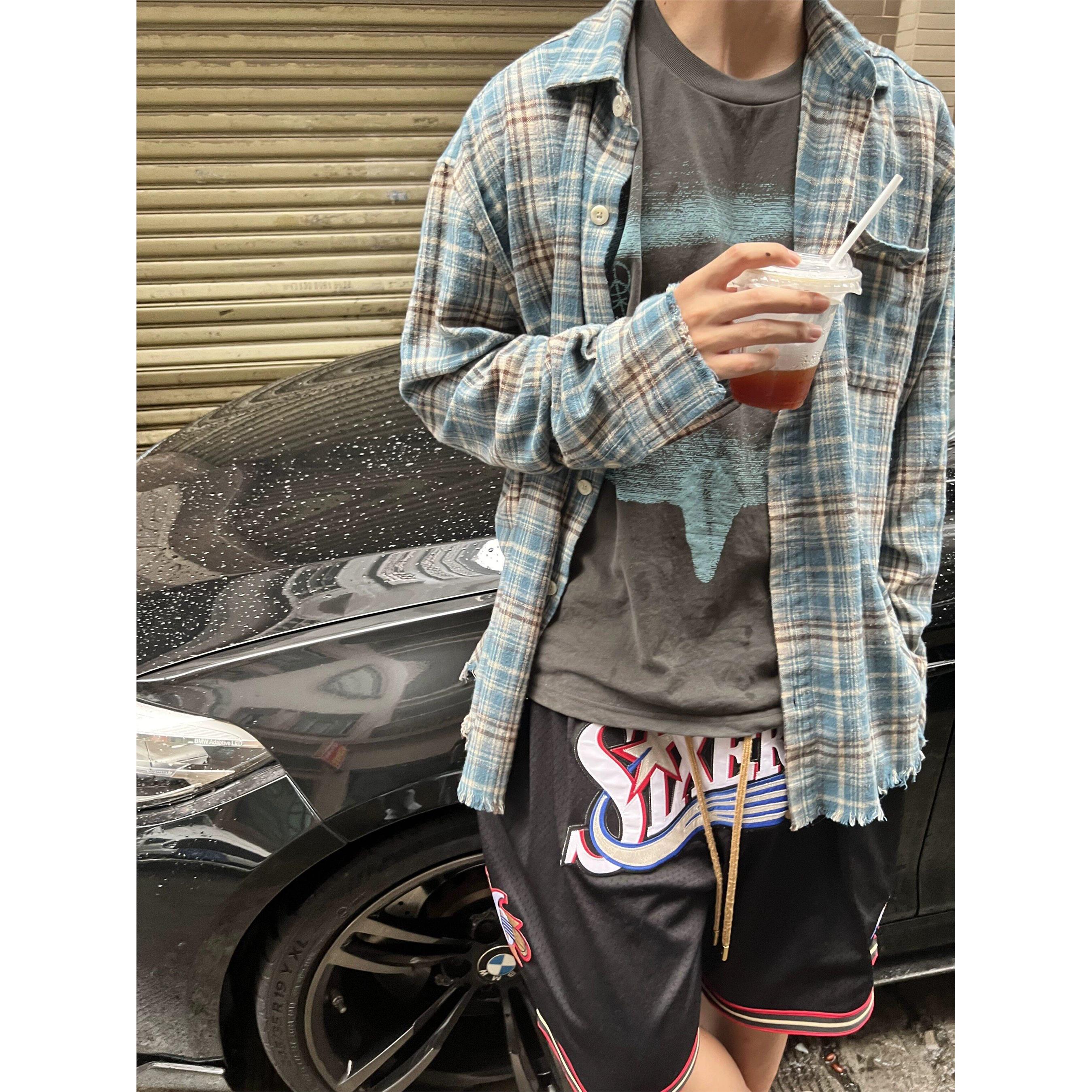 美式复古流苏破坏蓝色格