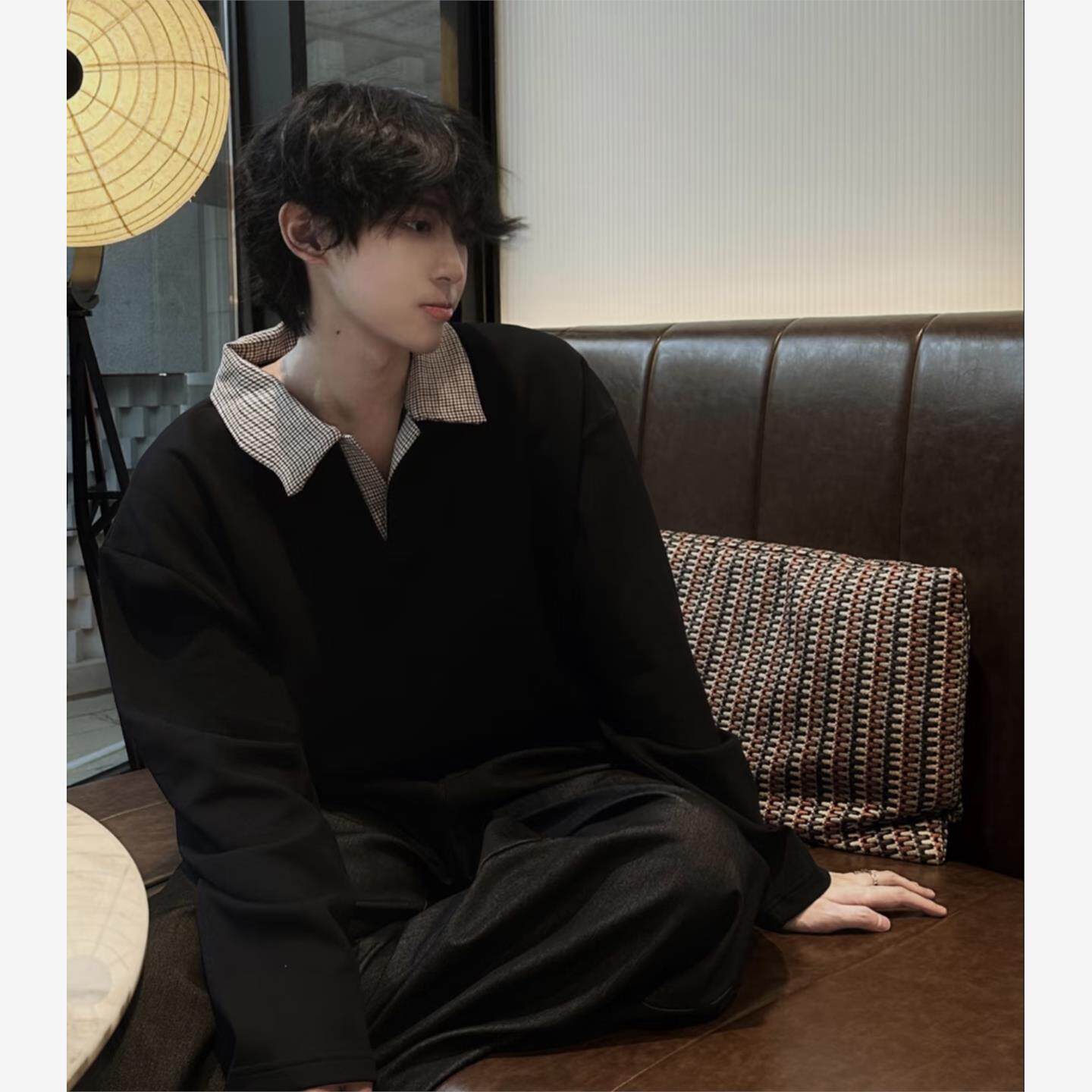 cleanfit千鸟格翻领polo衫男春季美式正肩内搭长袖T恤假两件卫衣