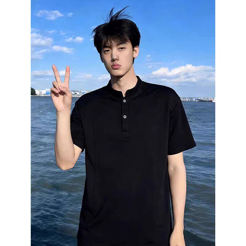 美式立领正肩Polo衫短袖男高级感重磅亨利领T恤cleanfit半袖上衣