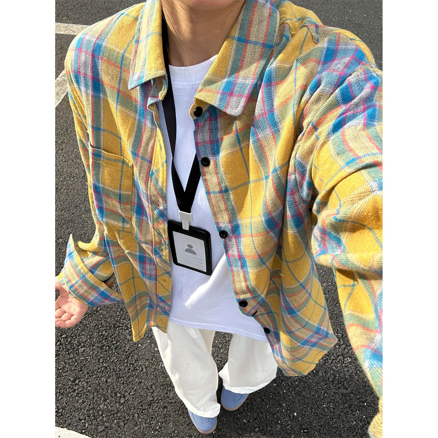 美式黄色格子磨毛衬衫男女夏季vintage古著长袖衬衫开衫情侣外套