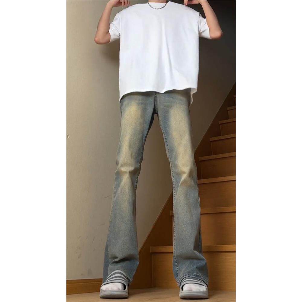 美式高街vibe高腰提档裤子男春季复古蓝弯刀牛仔裤水洗直筒微喇叭