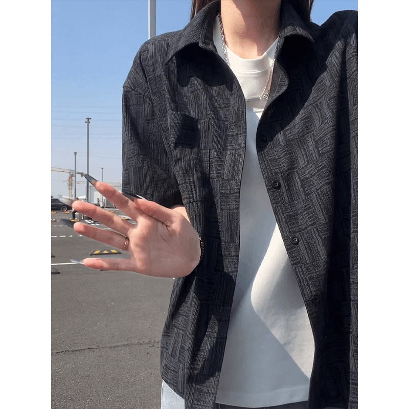 美式复古格纹翻领短袖衬