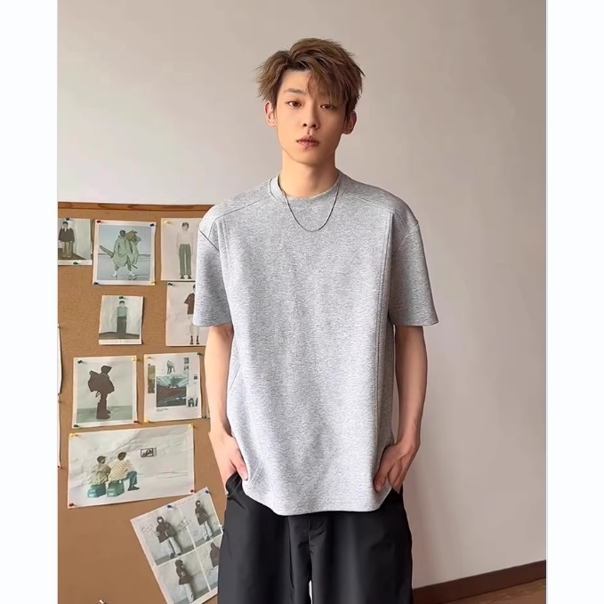 夏季短袖男款美式重磅纯棉300G小领口t恤boxy正肩解构拼接半截袖