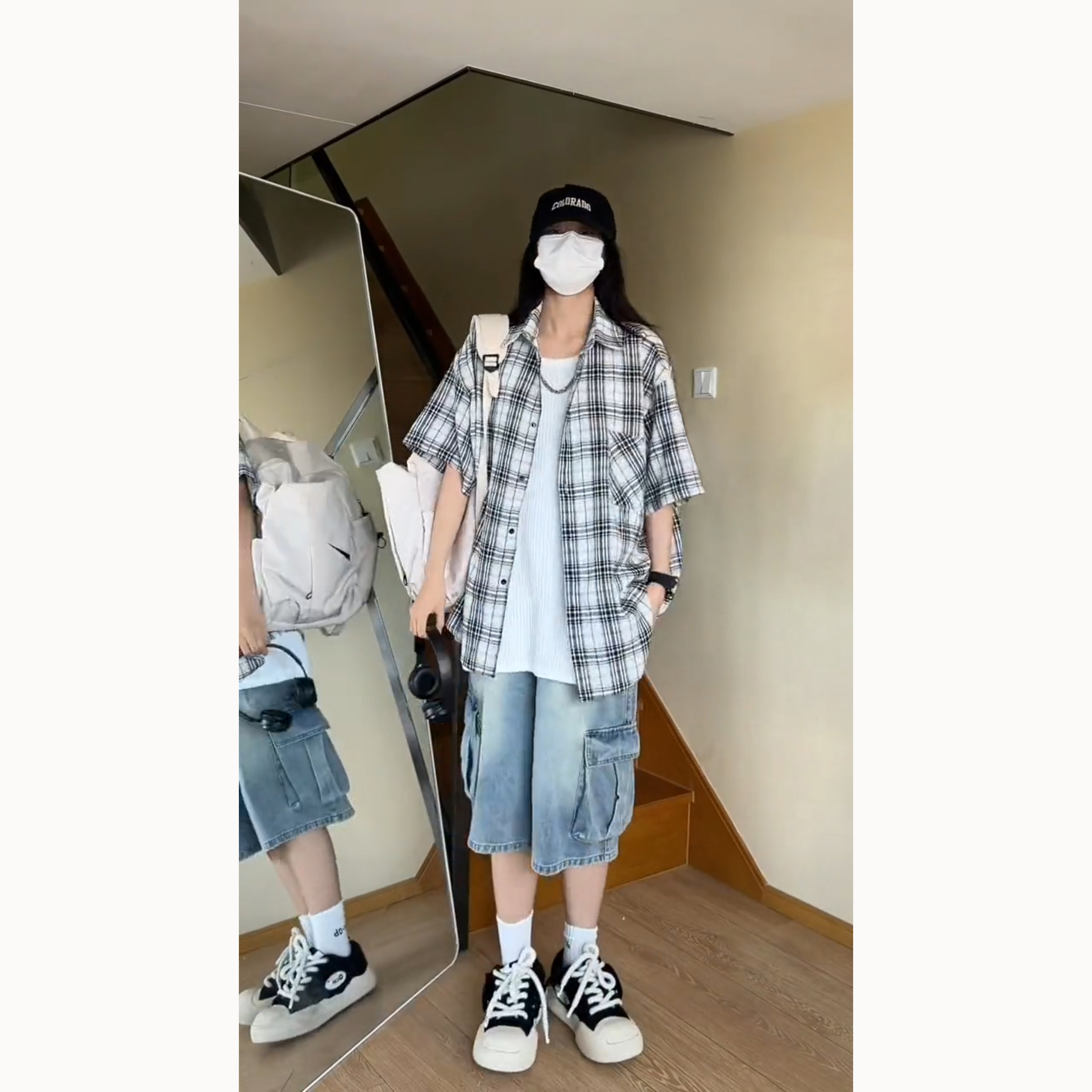蓝黄格子衬衫男款夏天港