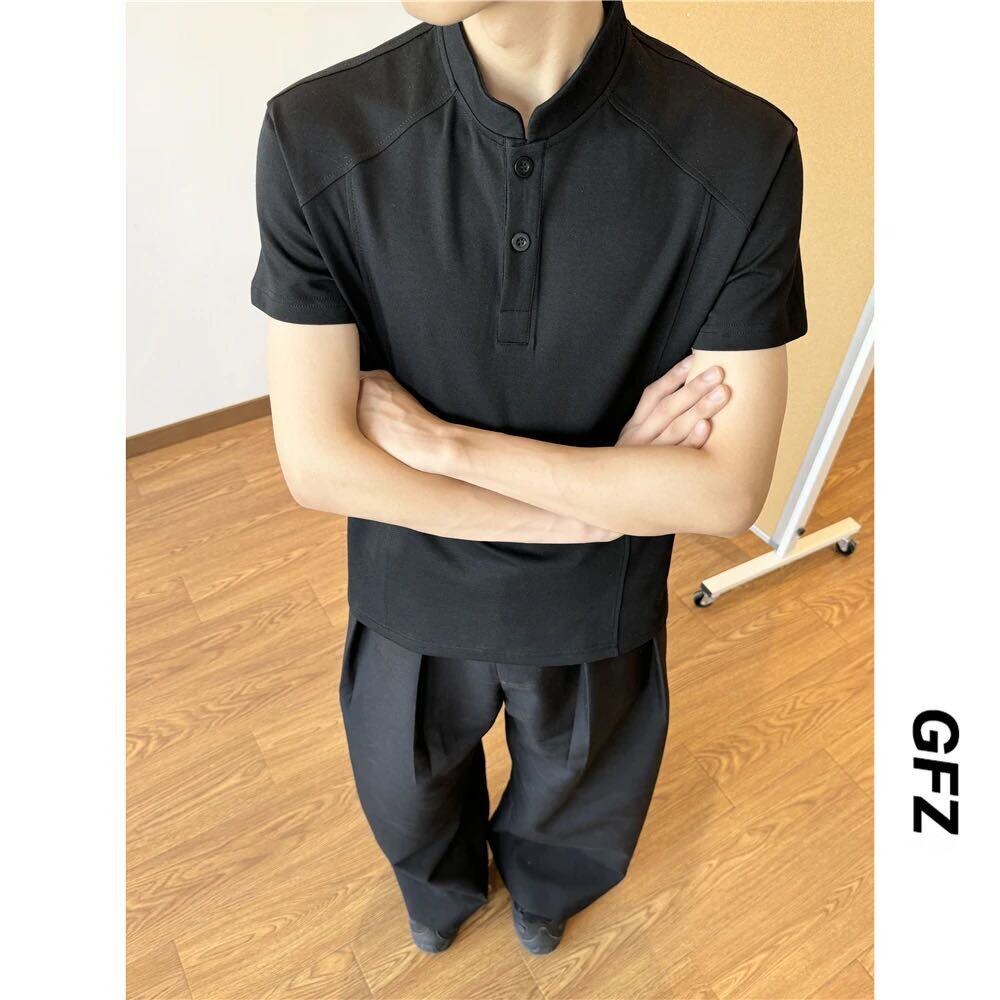 美式复古亨利领T恤男款夏季cleanfit短袖正肩显瘦短款上衣polo衫