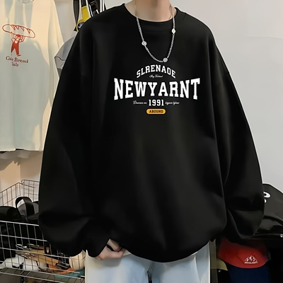 美式潮牌圆领卫衣男士秋冬季休闲百搭长袖加绒打底衫上衣青少年春