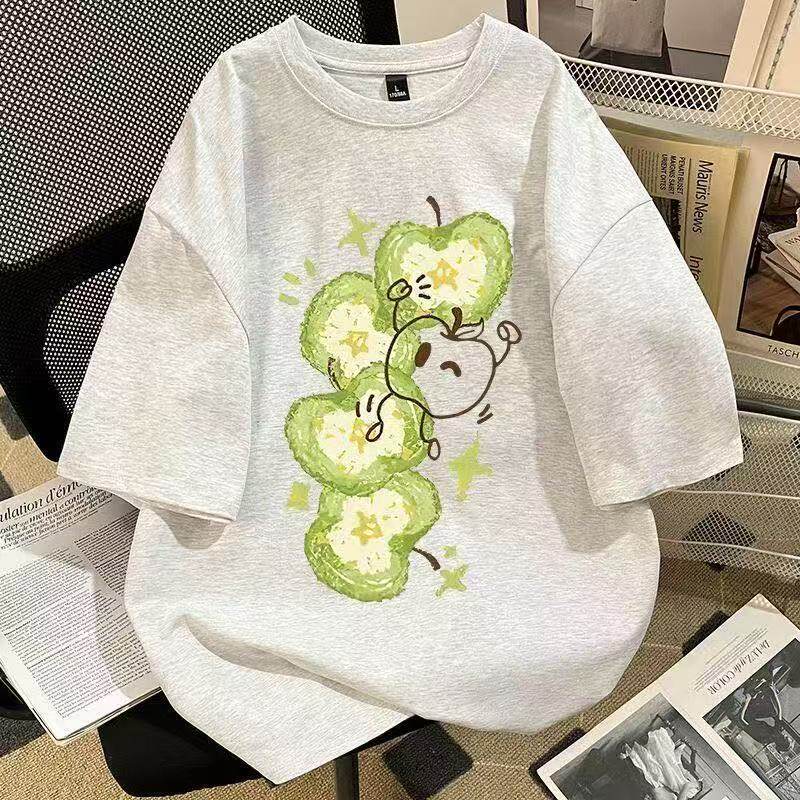 ins小众青苹果印花纯棉短袖t恤女夏季新款ins百搭上衣服中大童装图片