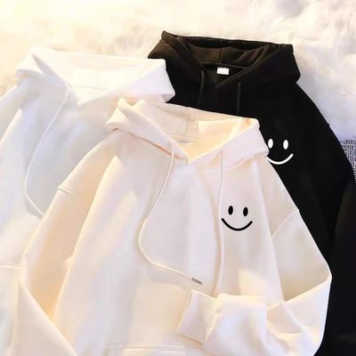 2025女童白色连帽卫衣纯棉学院风帽衫宽松中大儿童年秋冬新款加绒