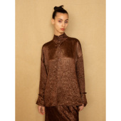 蓝点·时髦新中式 SALE6折 春夏棕色醋酸褶皱高领松弛廓形衬衣