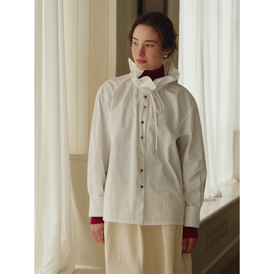 蓝点冬季纯棉抽绳花瓣领衬衫