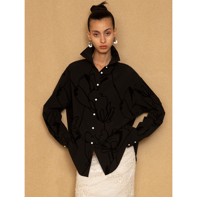 蓝点新中式黑色郁金香宽松衬衫