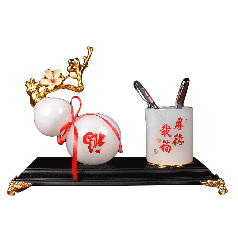 厚德载福琉璃中式笔筒葫芦摆件老板办公室桌面装饰品高档礼品收纳