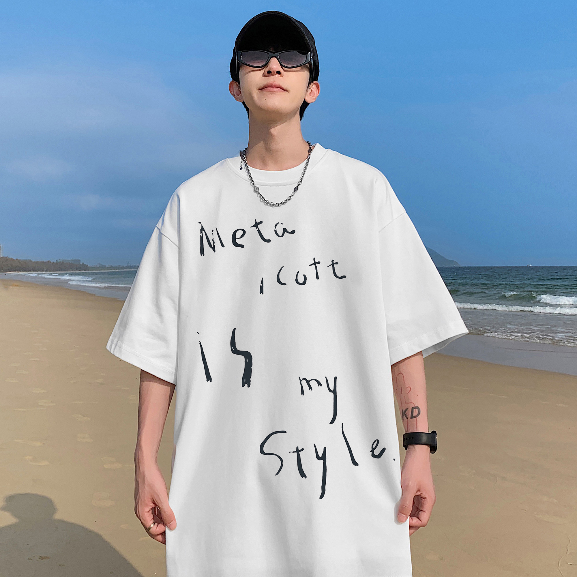 M319*P252024涂鸦手写字母印花纯棉T恤男女款情侣减龄宽松上衣潮，男装T恤，星座617A-1（原B318A）