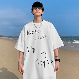 M319*P25 2024涂鸦手写字母印花纯棉T恤男女款情侣减龄宽松上衣潮,男装T恤,星座617A-1（原B318A）