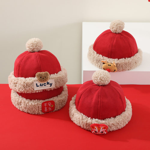 婴儿帽子秋冬护耳帽宝宝红色新年包耳帽新生儿可爱超萌福兔毛绒帽