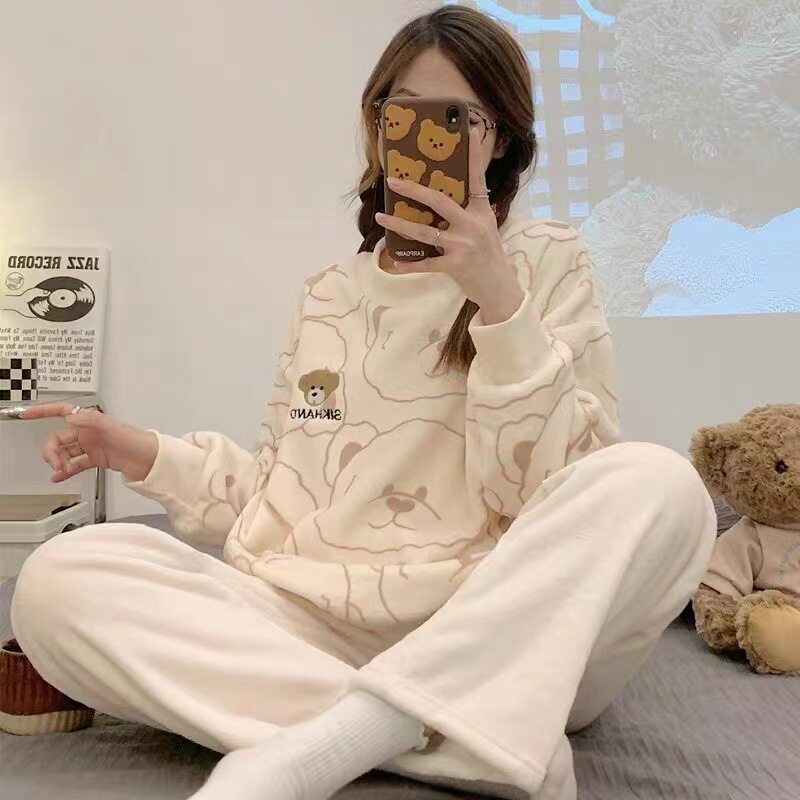 睡衣女士秋冬天珊瑚绒可爱甜美加厚加绒法兰绒冬季学生家居服