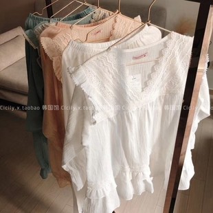 韩国东大门代购 Lunaluz2020春新款 女2件套纯棉睡衣甜美纯色家居服