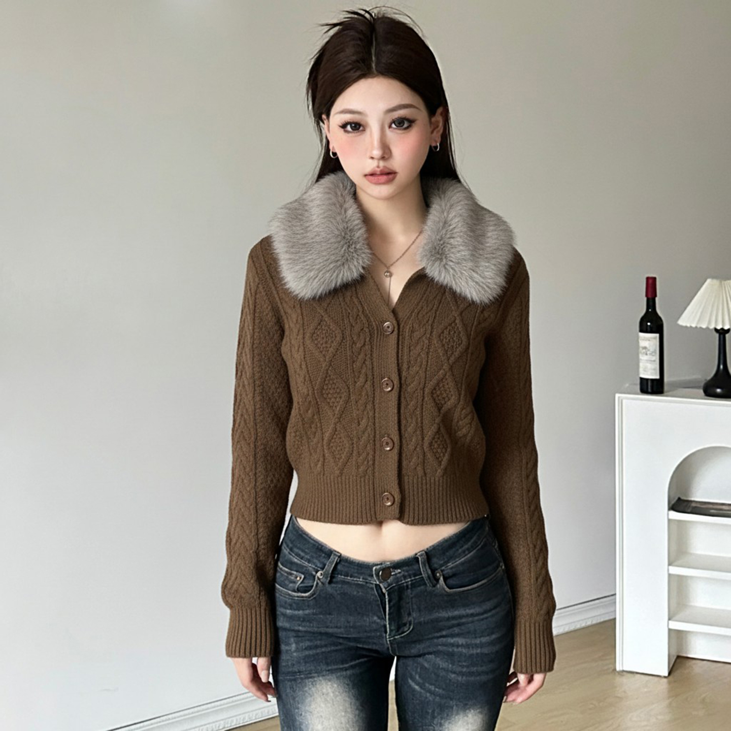 美式麻花毛毛翻领拼接修身毛衣