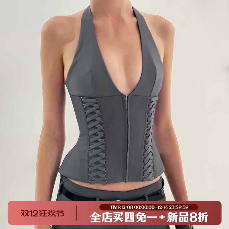 jennie同款挂脖v领绑带吊带背心