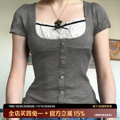 纯欲bm风撞色波点假两件针织T恤