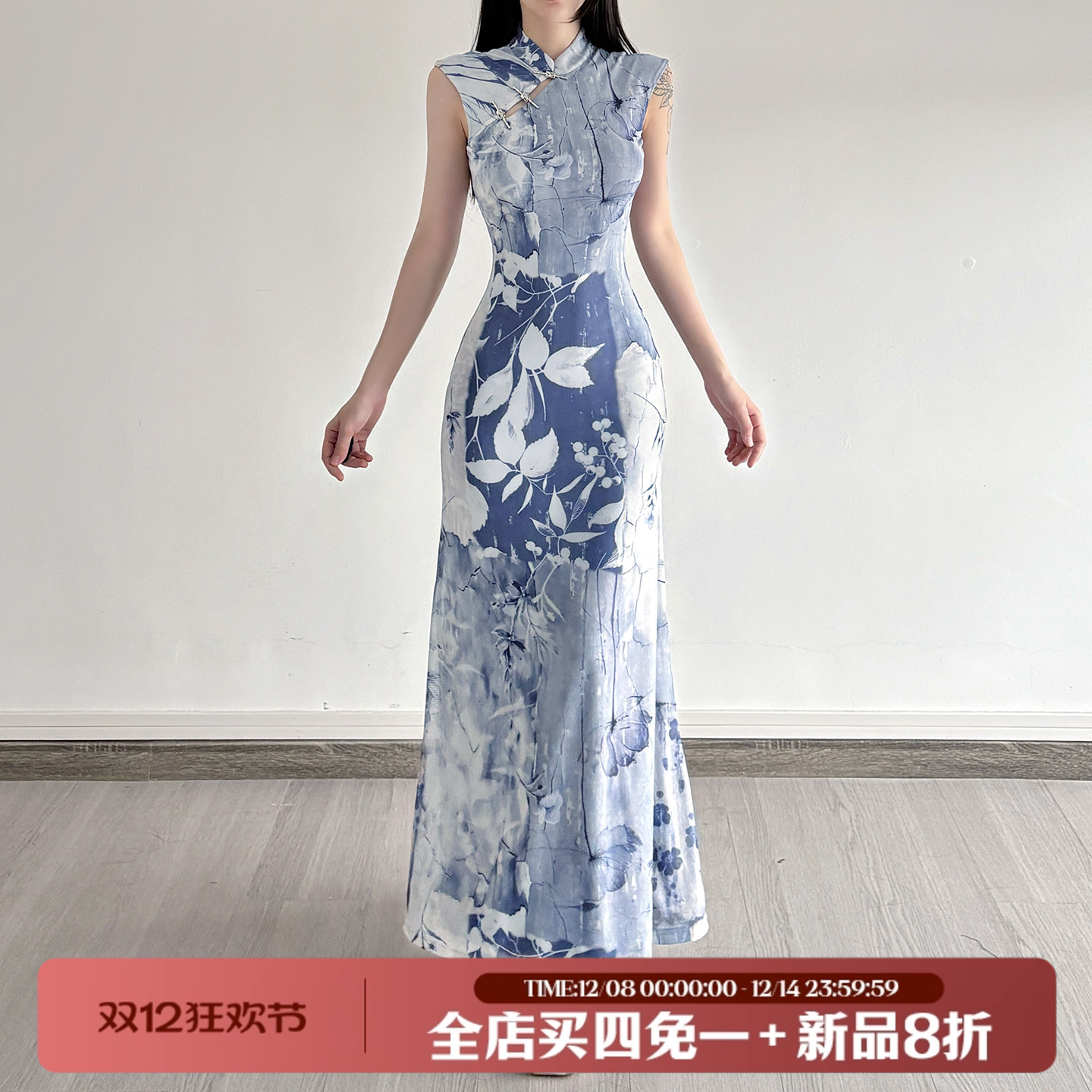 新中式植物印花收腰显瘦无袖长裙