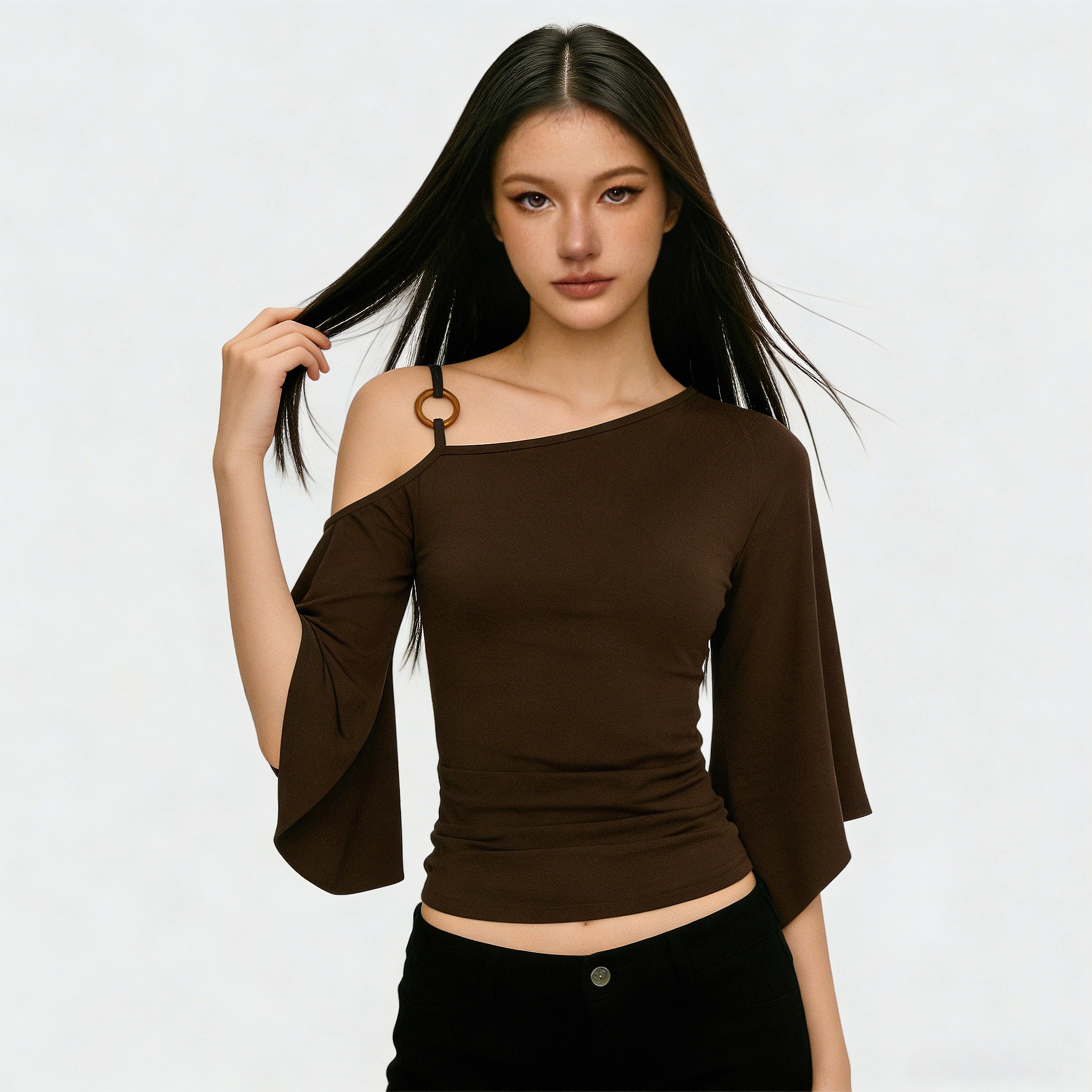 SEEYOULATER 小众vintage单边圆环吊带斜肩T恤复古棕色蝙蝠袖上衣,女装/女士精品,T恤,淘宝优惠券,粉丝福利购,淘宝优惠卷