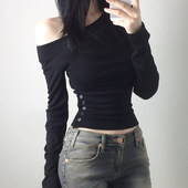 SEEYOULATER T恤休闲慵懒纯色针织上衣 斜肩长袖 美式 基础简约修身