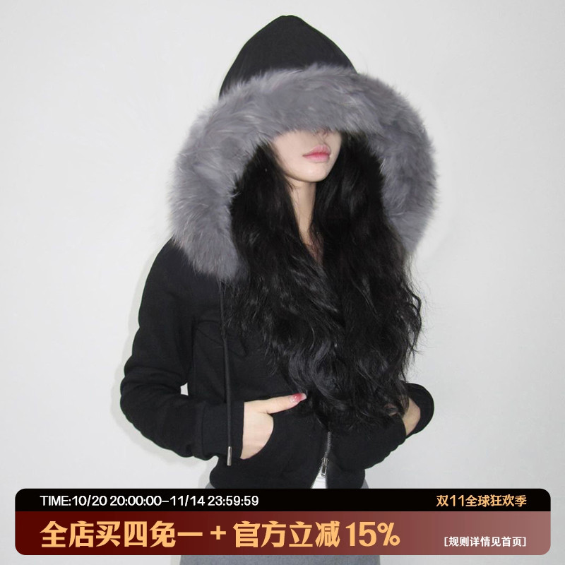 美式辣妹修身毛毛拼接连帽短外套