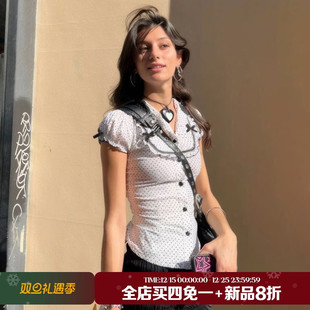 翻领排扣泡泡袖 波点修身 T恤复古少女蝴蝶结上衣 法式 SEEYOULATER