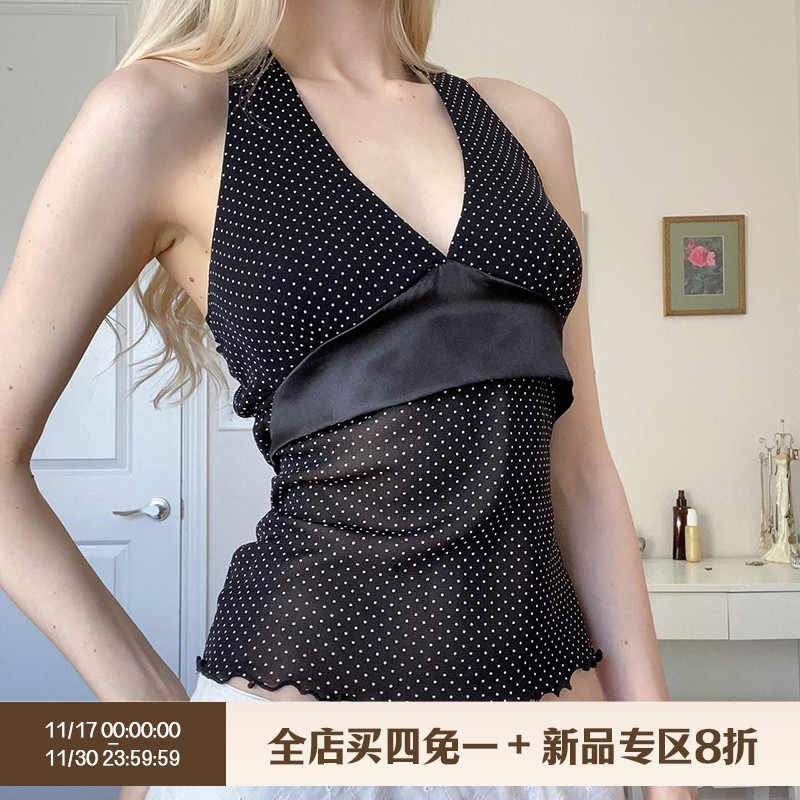 法式风优雅气质缎面拼接挂脖吊带